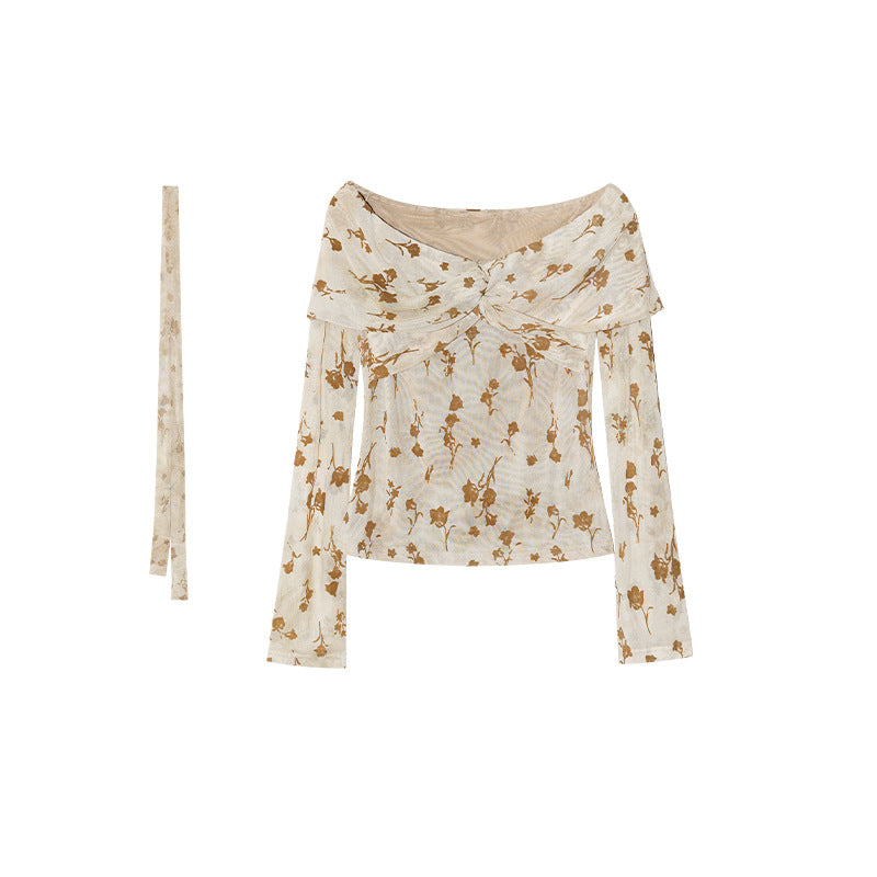 Floral Off-Shoulder Blouse – Retro French Style Long Sleeve Top