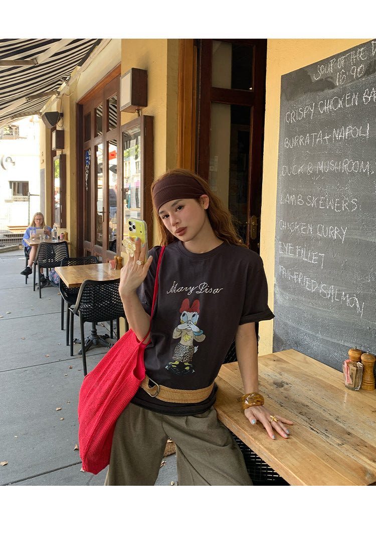 Casual Japan and Korea Loose Cartoon Printed Cotton Short Sleeve T-Shirt