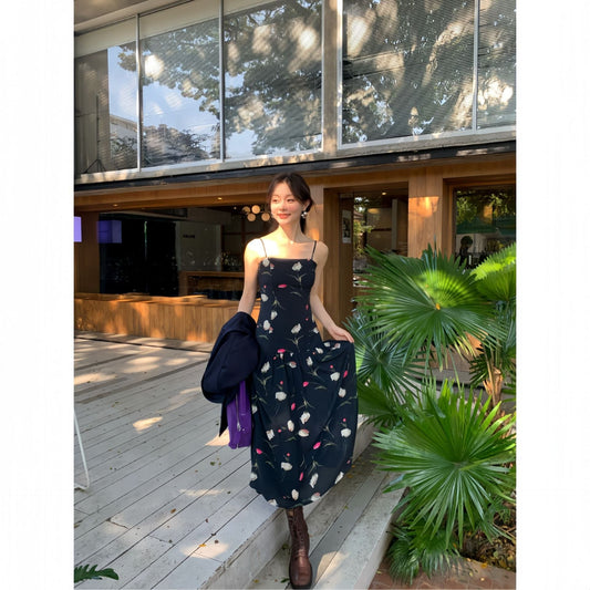 Floral Off-Shoulder Lace-Up Sleeveless Maxi Dress