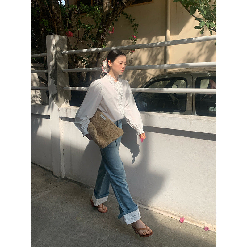 Pre-spring French lace rolled up fashion wide-leg straight jeans