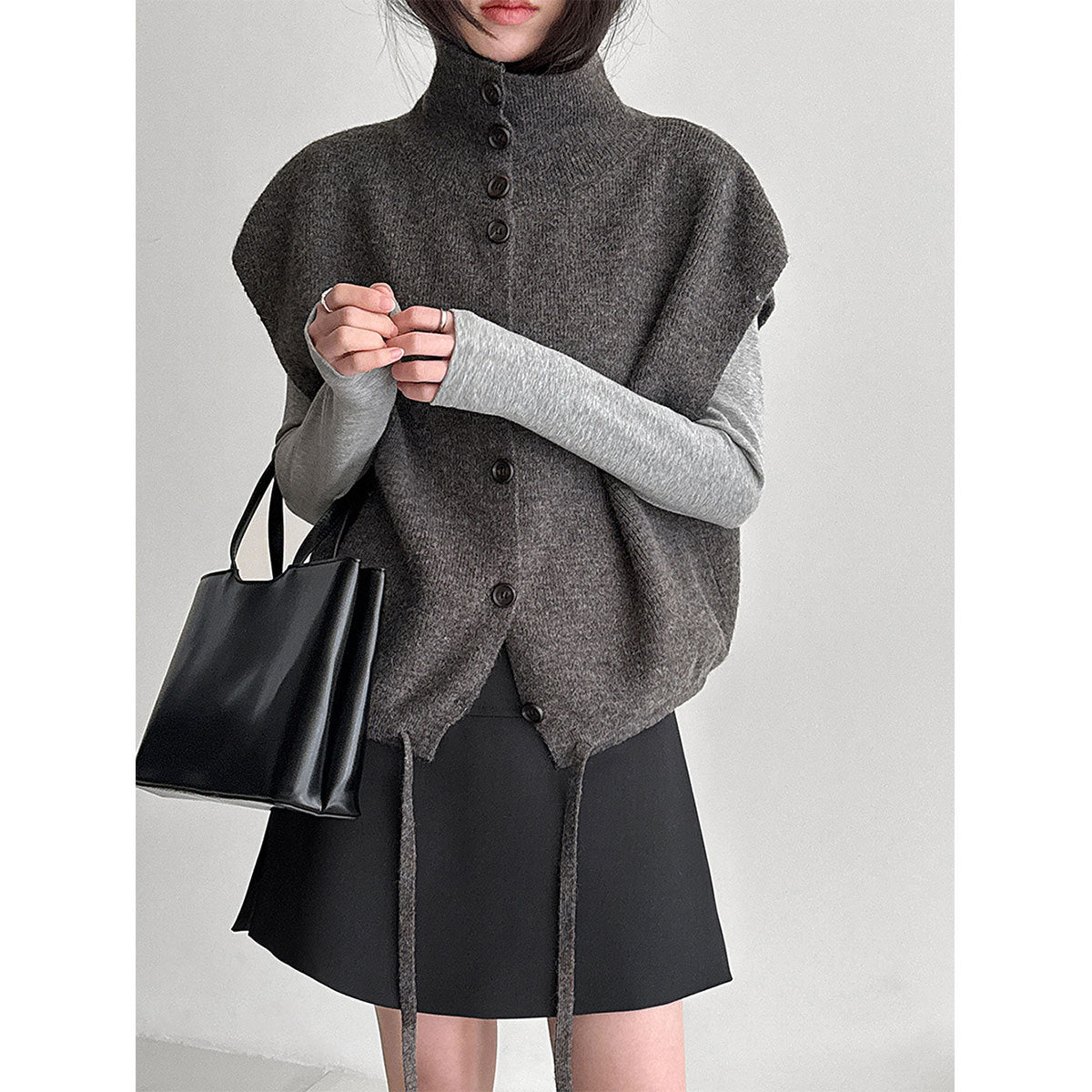 Korean stacked turtleneck knitted vest women's spring drawstring waist versatile sweater vest