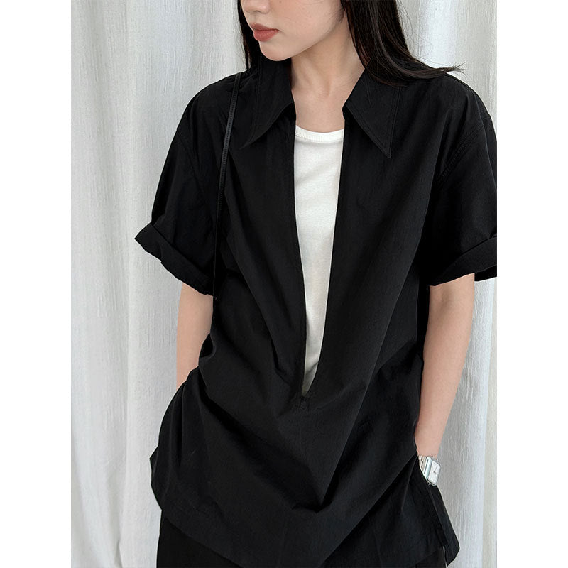 French retro simple deep V-neck stacked short-sleeved shirt women's summer new commuter slim top 3595
