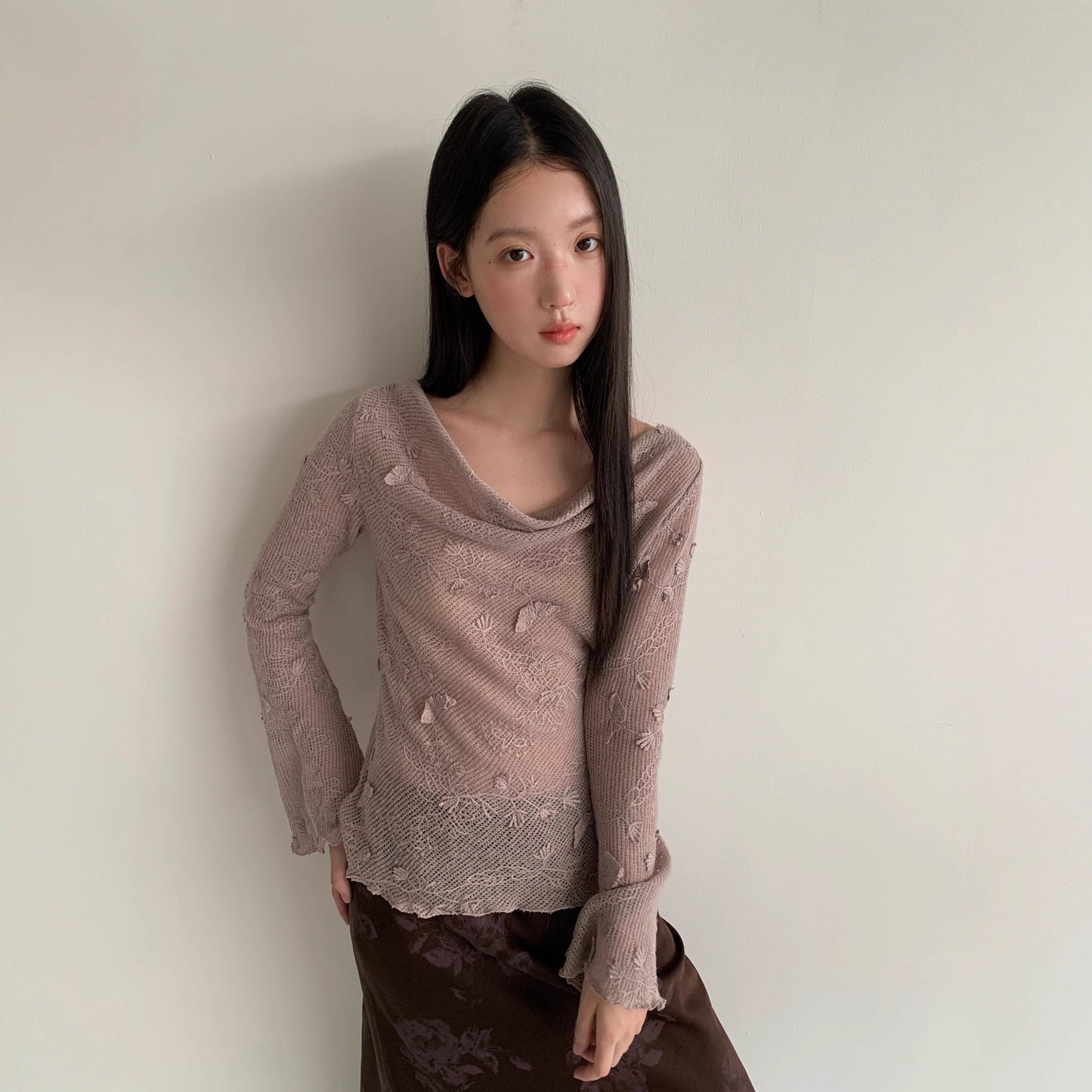 Hollow heavy industry jacquard swing neck long-sleeved bottoming shirt top