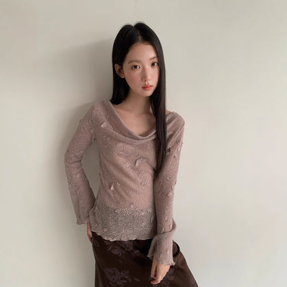 Hollow heavy industry jacquard swing neck long-sleeved bottoming shirt top