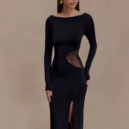 Fashion long-sleeved one-word collar split-ended long dress hollow perspective sexy dress