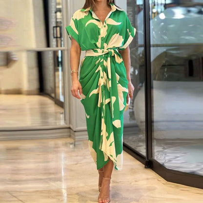 Elegant Lapel Collar Printed High-Waist Maxi Dress