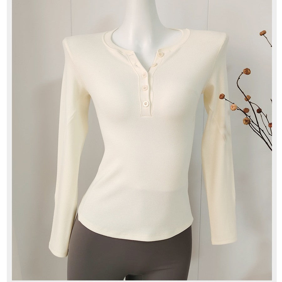Long Sleeve Henley Shirt Women Slim Fit Elastic Knitted T-Shirt