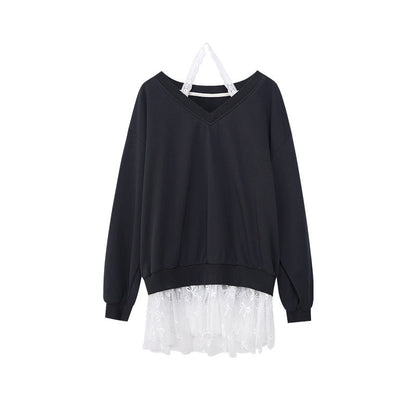 Lace fake two halterneck V-neck loose sweatshirt women