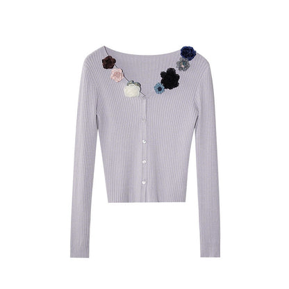 Sweet three-dimensional flower single-breasted v-neck pit strip sweater cardigan
