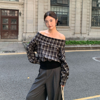 Threaded waist one-shoulder long-sleeved plaid shirt