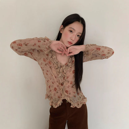 Rose print design ruffle edge thin through shirt