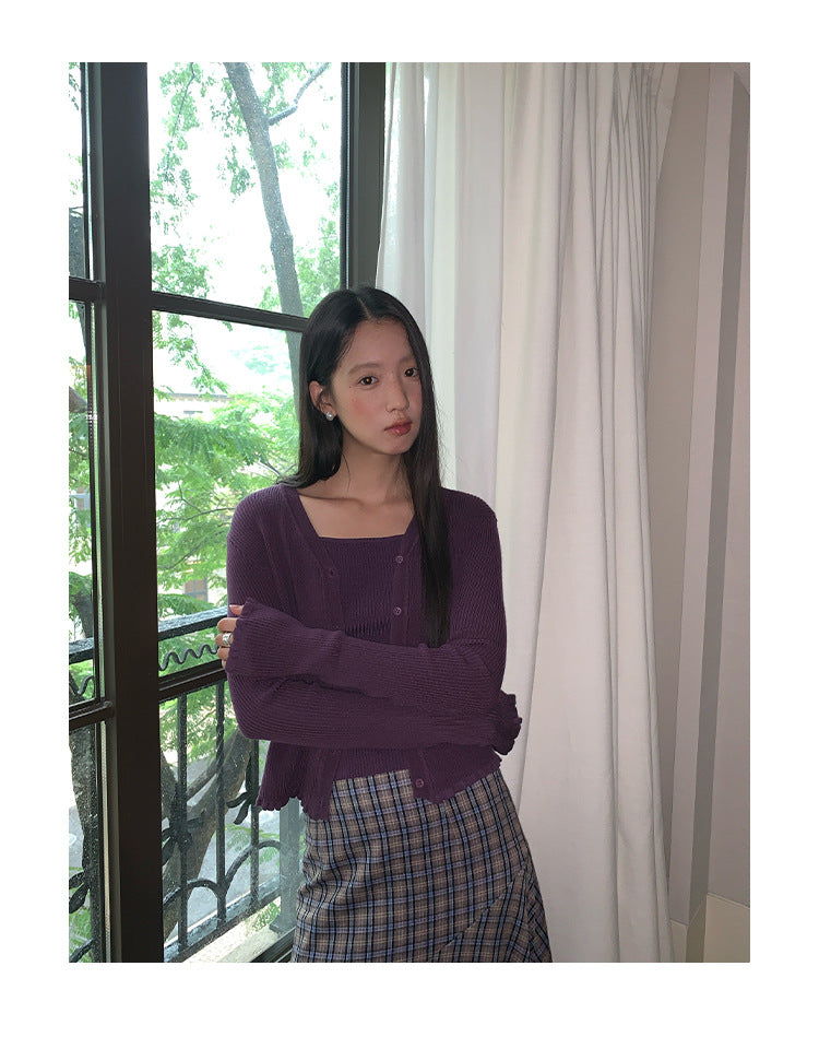 Versatile Lyocell pit strip long-sleeved v-neck knitted cardigan