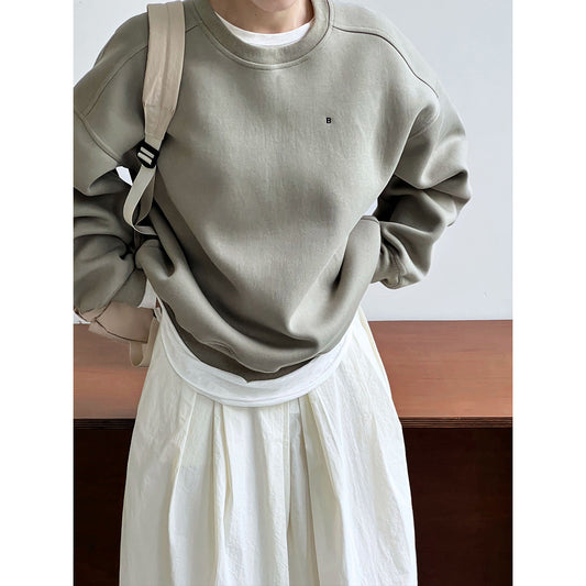 Simple silhouette loose BF solid color lazy pullover sweatshirt women's ins monogram embroidered long sleeve top