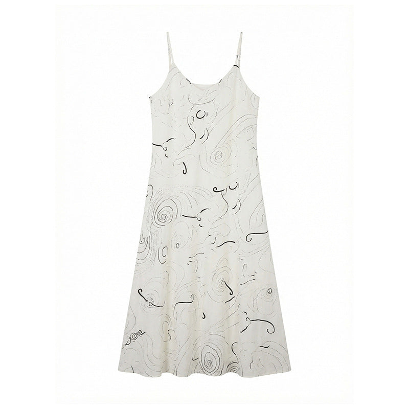 Tencel linen spiral line suspender skirt