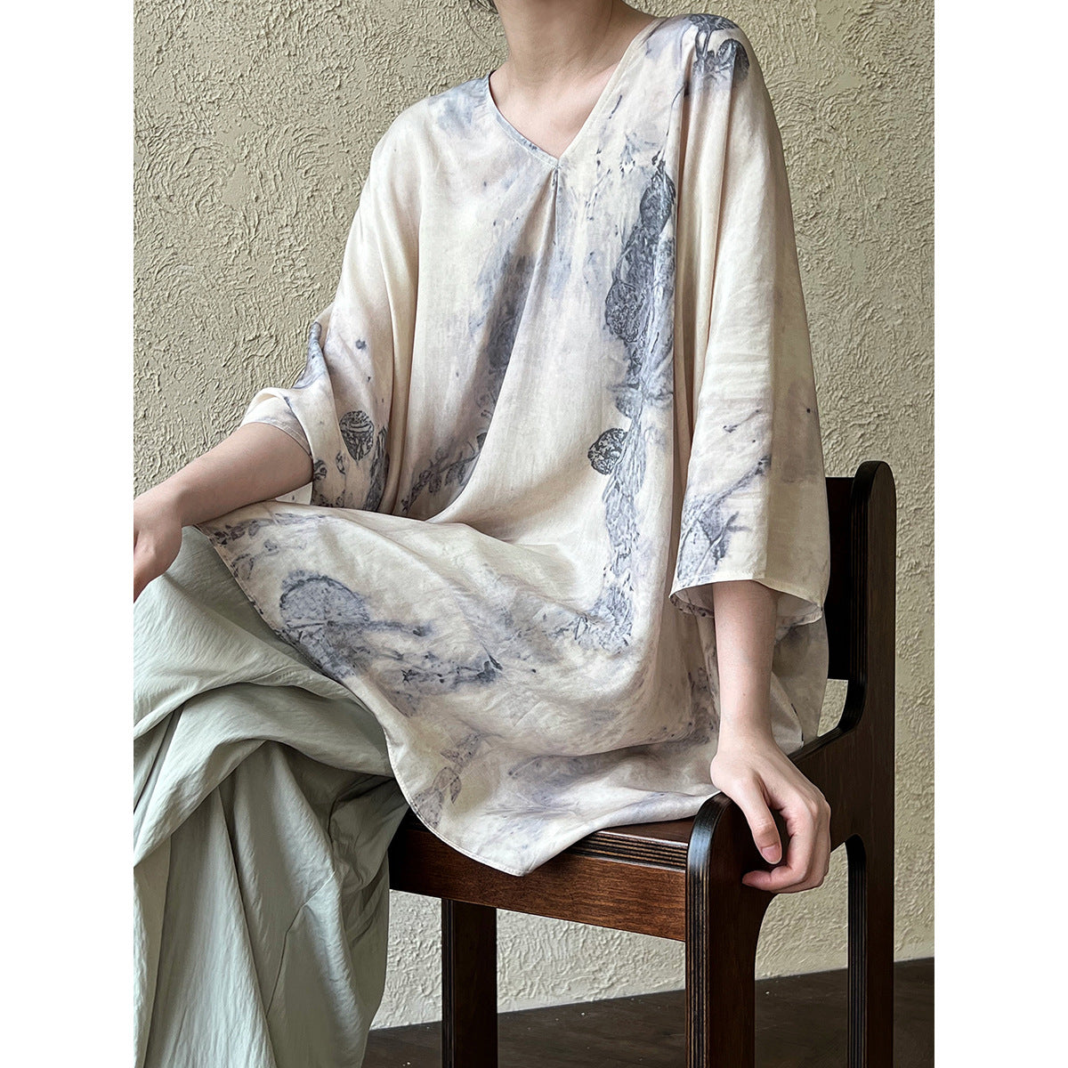 New chinese style national style topssuitartsy plant printing loose silhouette blouse two-piece set