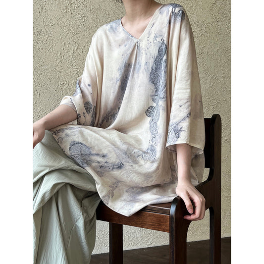 New chinese style national style topssuitartsy plant printing loose silhouette blouse two-piece set