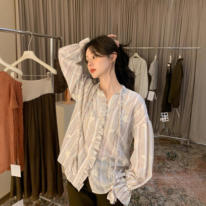 Loose long-sleeved wooden ear-edged embroidered striped shirt