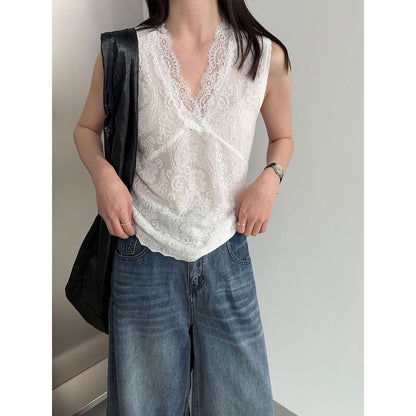Tencel V-Neck Sleeveless Lace Bottom Vest