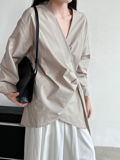 Autumn Korean irregular waist strap shirt women's casual niche design one-piece top