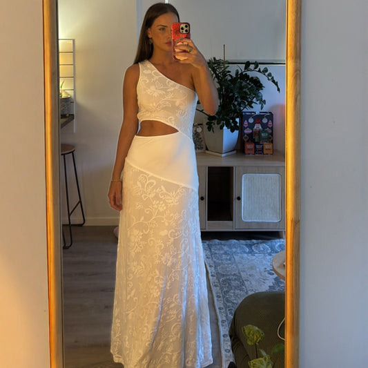 Sexy lace stitching slanted shoulder hollow slim dress