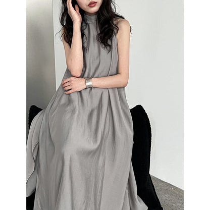 French high-end Tencel streamer halterneck dress women's summer resort style off-the-shoulder fairy dress