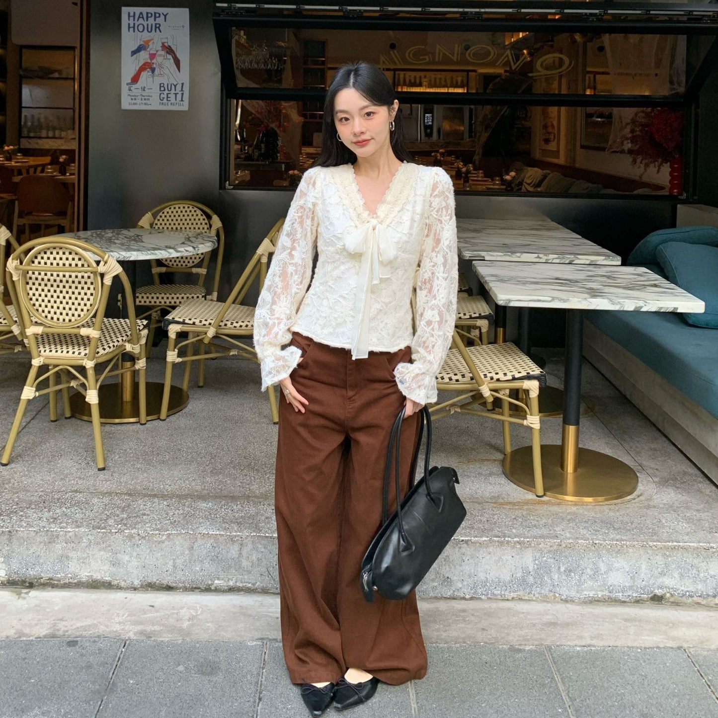Gentle temperament V-neck lace-up bow hollow lace shirt