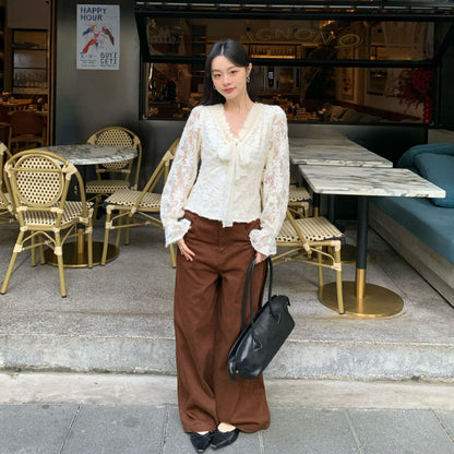 Gentle temperament V-neck lace-up bow hollow lace shirt