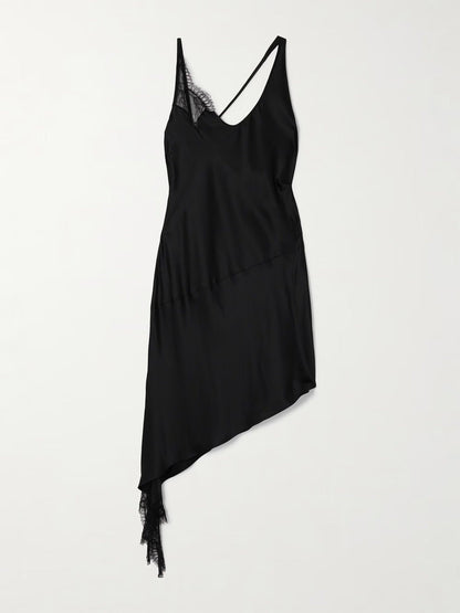 Spring satin sundress Lace lace irregular dress