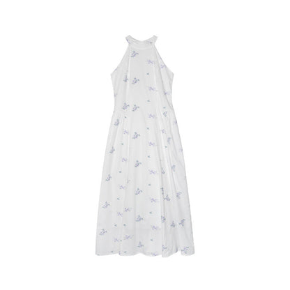 Floral white moonlight high-waisted stand-up collar sleeveless dress