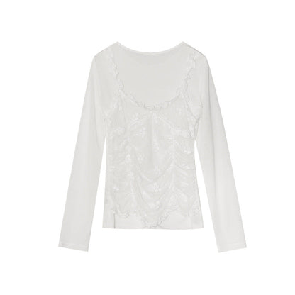 French Fake Two-Piece Lace Splicing Crew Neck Long Sleeve Shirt