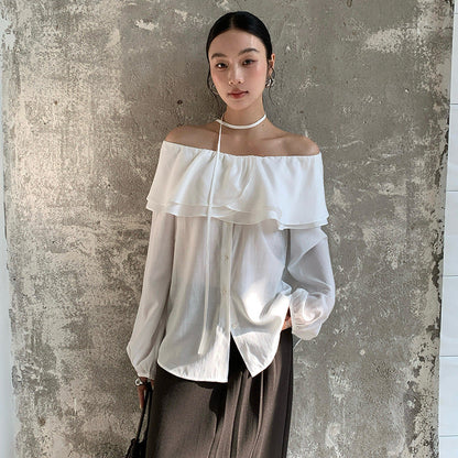 Gentle wind shoulder shirt spring haze blue lotus leaf edge covering meat and thin top