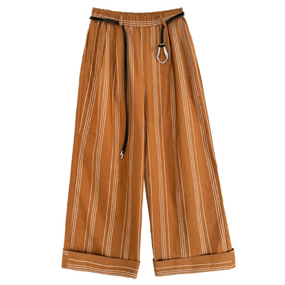 Cotton and linen old money wind striped elastic waist casual pants women's new summer models with belts lazy wide legs