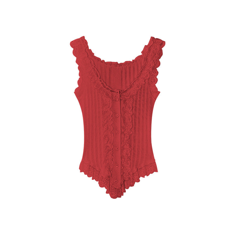 Sweet and spicy stretch slim fit lace fungus edge sling sleeveless vest