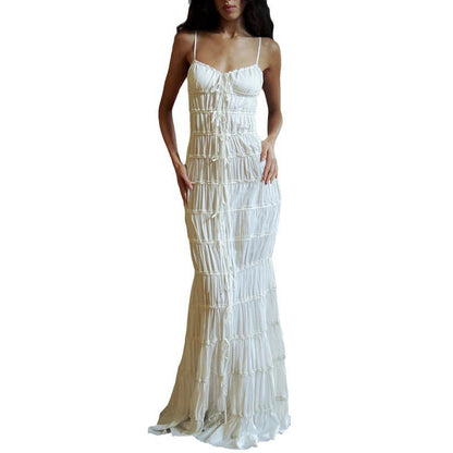 Stylish and sexy backless suspender dress pleated lace mopping floor long dress style