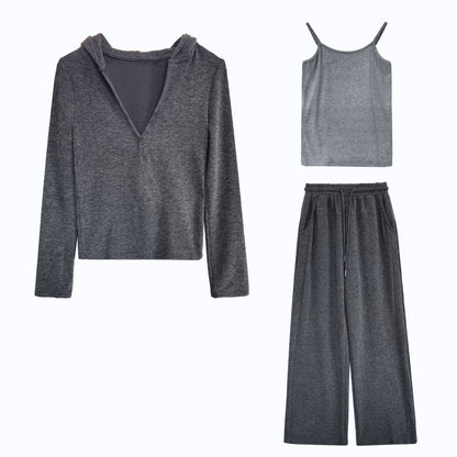 Stack in early autumn casual sports suit women's hooded sweater + suspender vest + wide-leg pants three-piece set
