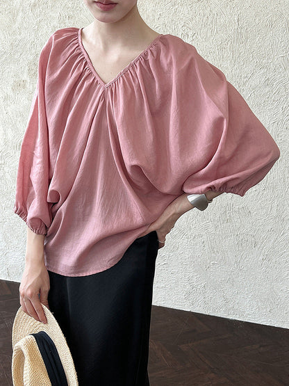 French retro bat-sleeved V-neck shirt women's summer new niche design loose shirt