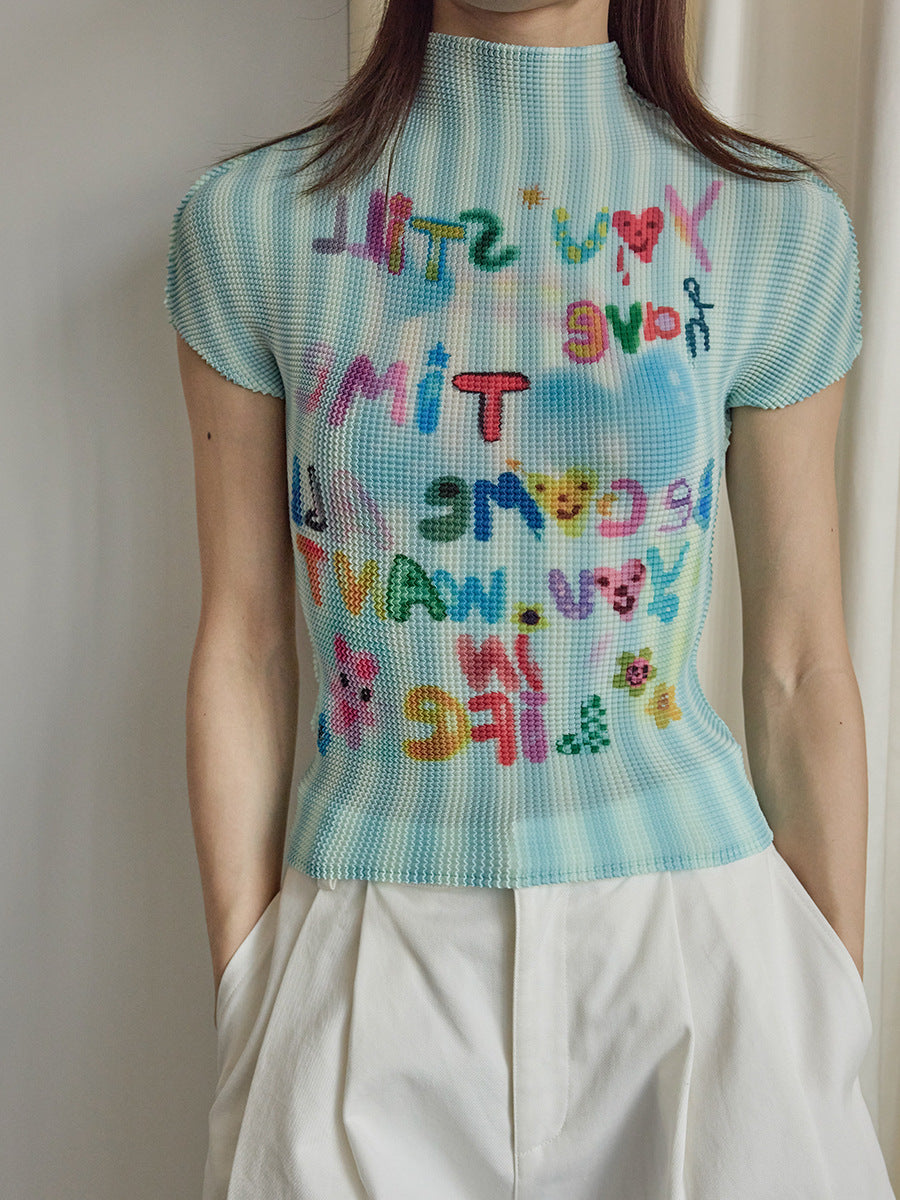 High Elasticity Fun Printing Flesh Cover Skinny Shoulder Short Sleeves