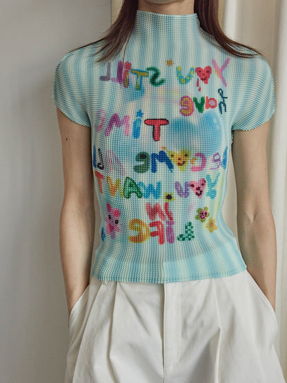 High Elasticity Fun Printing Flesh Cover Skinny Shoulder Short Sleeves