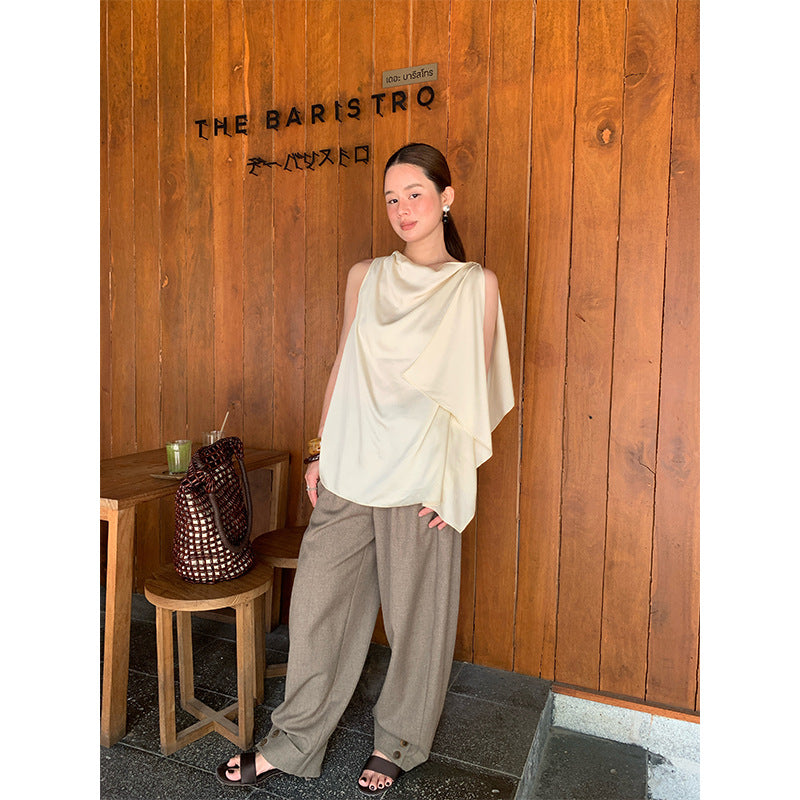 Spring fashion temperament pure desire wind Tencel texture sleeveless swinging neck chiffon shirt