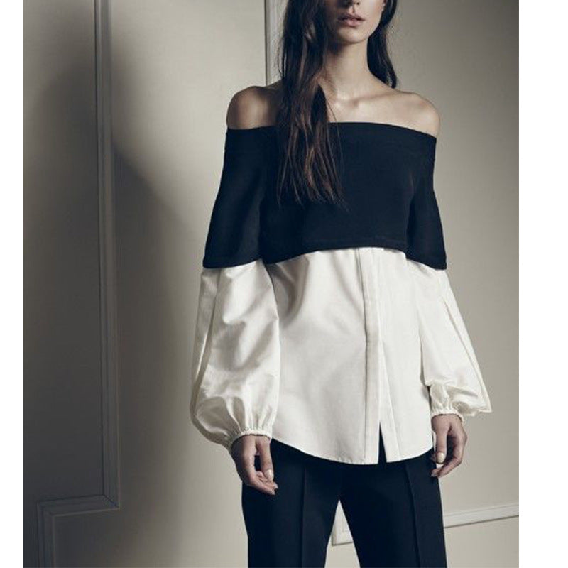 White shirt women's pullover splicing one-word shoulder loose long-sleeved T-shirt fake two-piece top