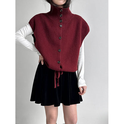 Korean stacked turtleneck knitted vest women's spring drawstring waist versatile sweater vest