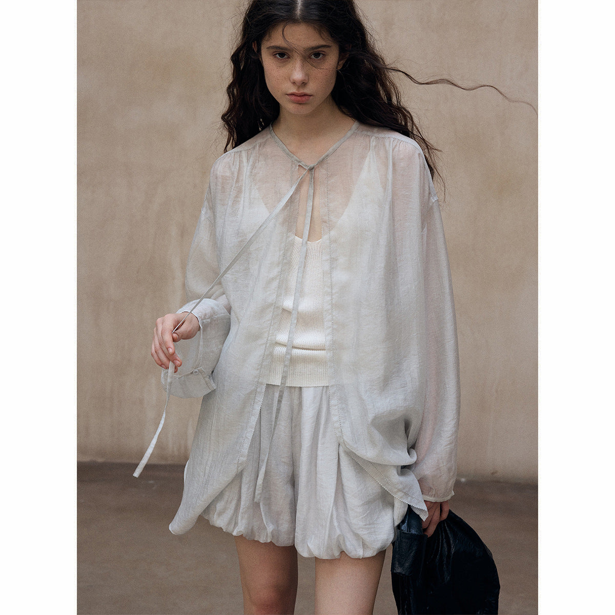 Unique color frying process, natural mottled soft Tencel lace-up pleated cardigan jacket