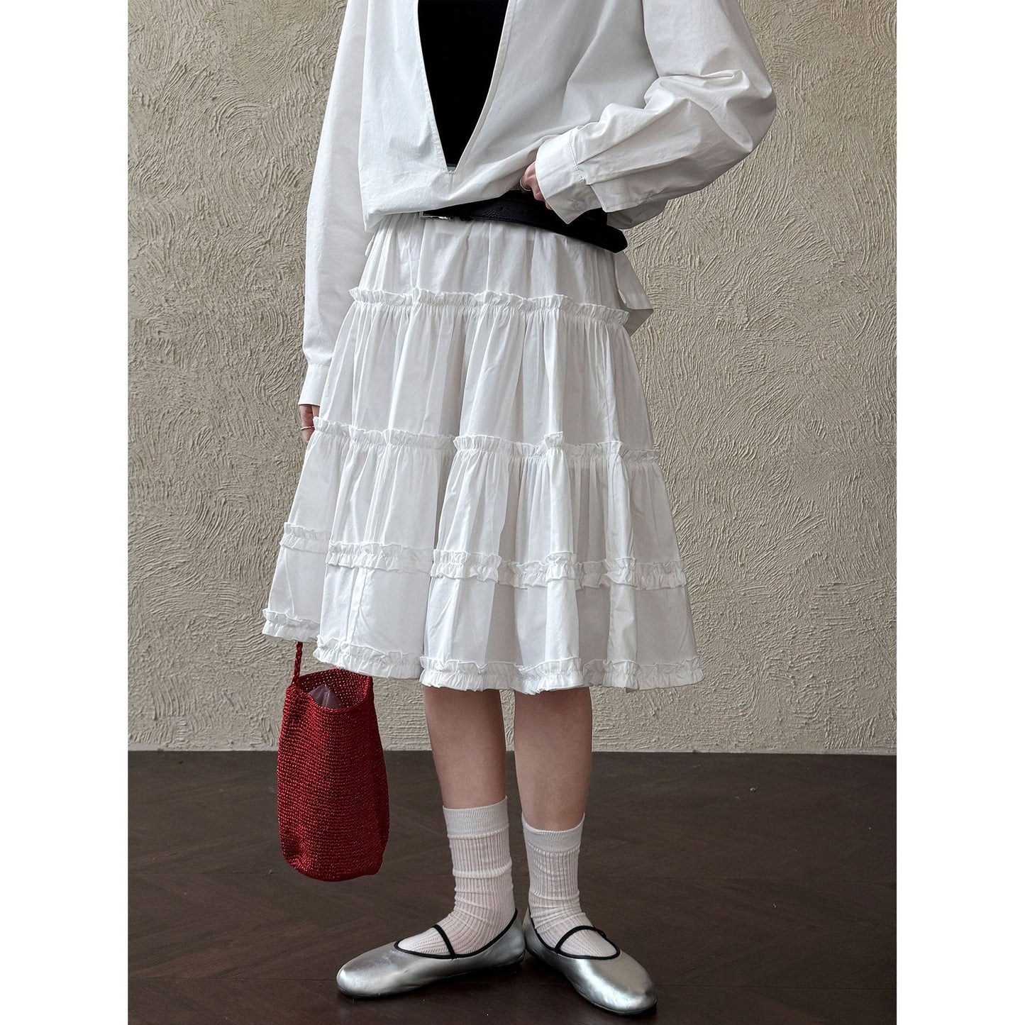 French pastoral fresh layering cake skirt women's spring new lace splicing elastic waist skirt