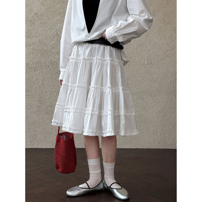 French pastoral fresh layering cake skirt women's spring new lace splicing elastic waist skirt