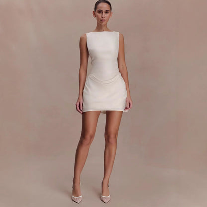 Sleeveless pleated strap short skirt new high-end design backless European and American dress