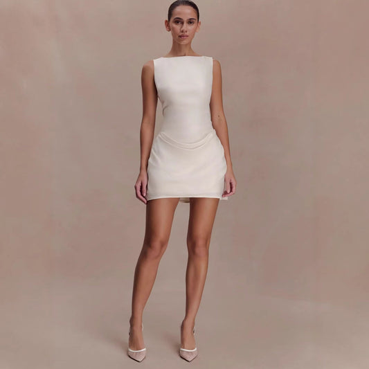 Sleeveless pleated strap short skirt new high-end design backless European and American dress