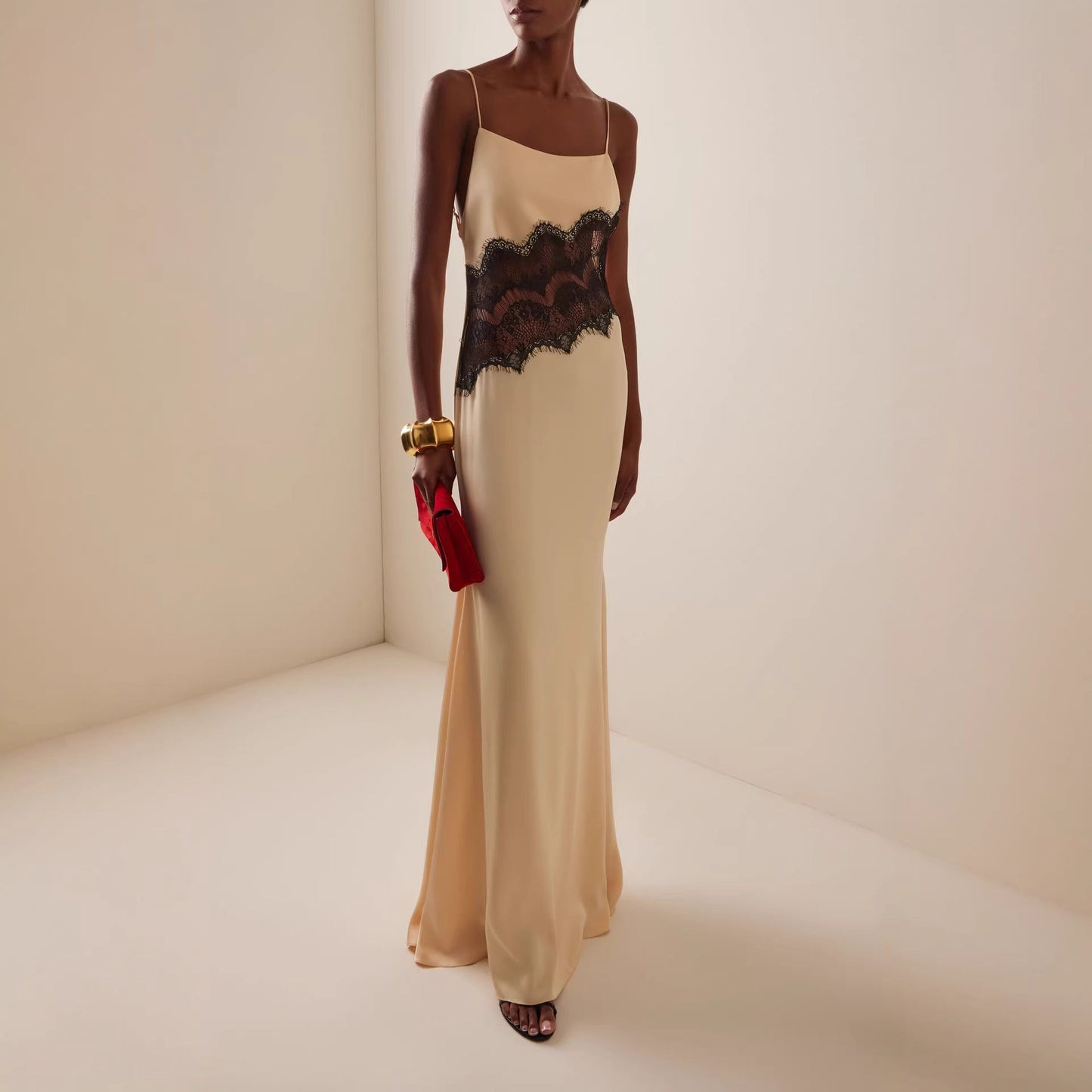 New fashion satin lace splicing suspender long dress backless sexy dress women