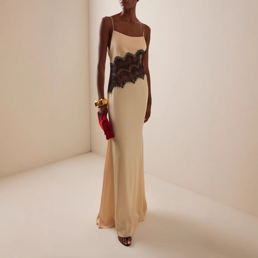 New fashion satin lace splicing suspender long dress backless sexy dress women
