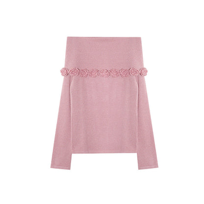 Gentle and sweet one-word collar three-dimensional flower decorative sweater for women