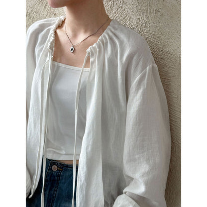 Crew neck strap linen shirt women's Korean simple summer new waist sunscreen jacket shirt